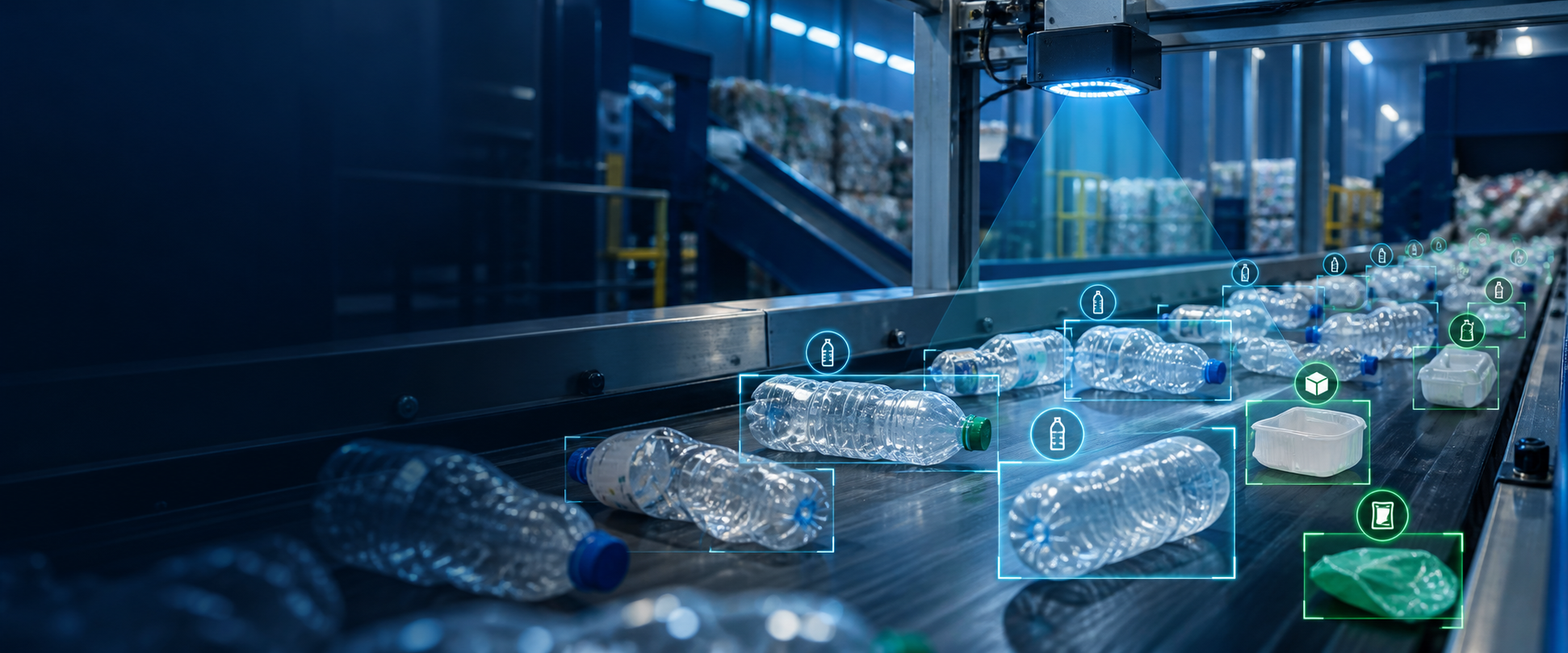 AI camera recognizing bottles on a recycling conveyor