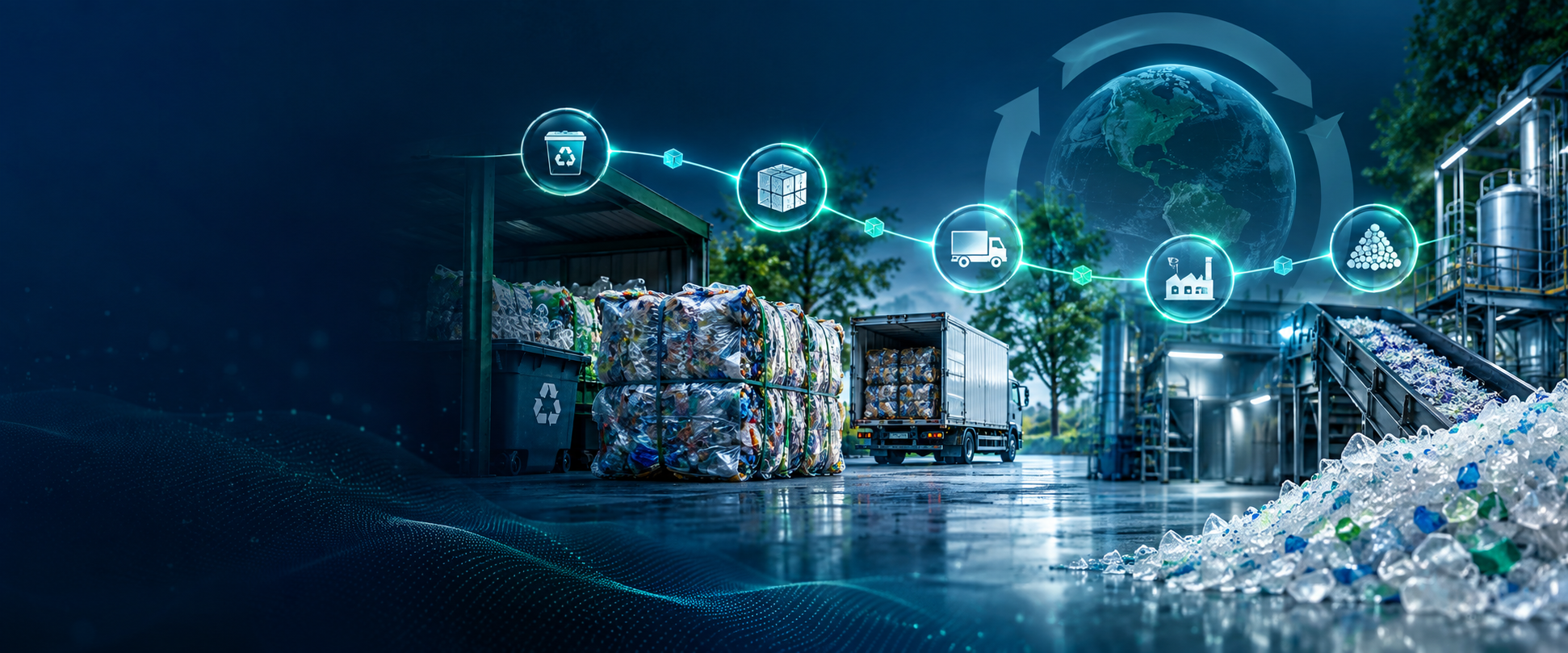 Recycled plastic supply chain connected by blockchain nodes